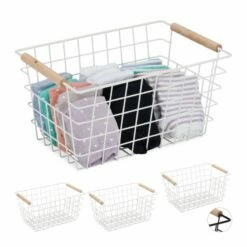 4x Paniers Fil De Fer Poignée Bois Blanc