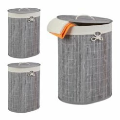 3x Paniers Linge En Bambou Ovales Gris