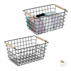 2x Paniers Fil De Fer Poignées Bois Noir